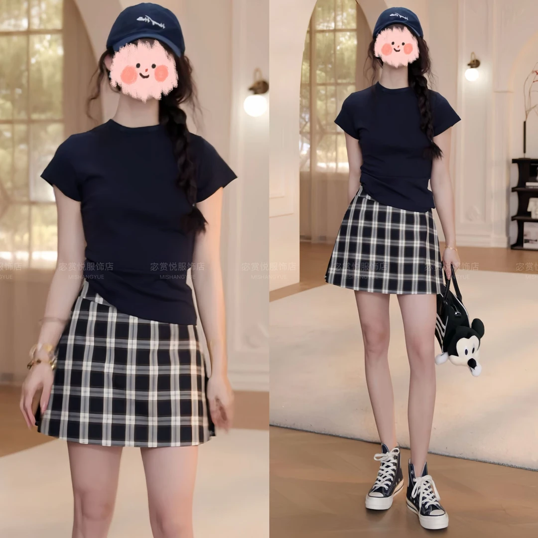 洋气衣服女2025夏季时尚显瘦短袖T恤上衣百搭格子半身裙裤套装女