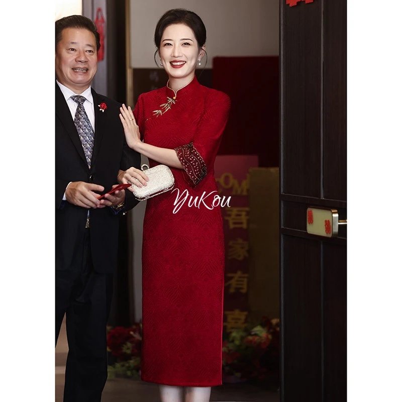 喜婆婆婚宴旗袍2025新款红色倒大袖结婚妈妈礼服修身春夏平时可穿