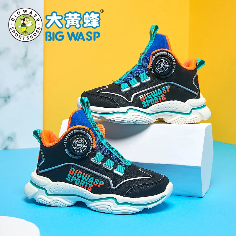 大黄蜂男童鞋春秋季新款皮面防水纽扣中大童青少年鞋儿童运动鞋潮