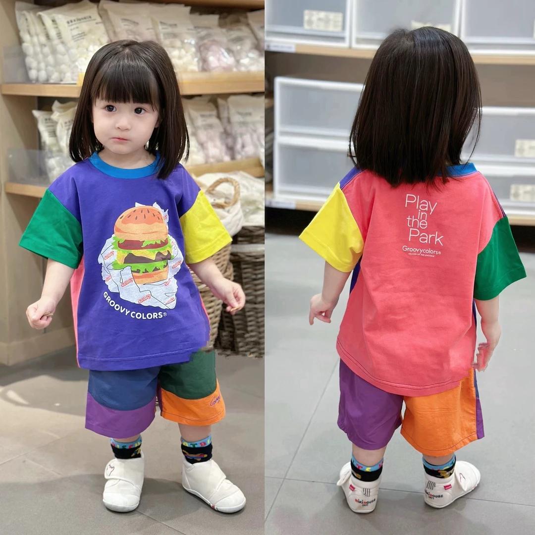 (现货)25夏新款男女童山系卡通印花全棉柔软短袖T恤 洋气拼色半袖