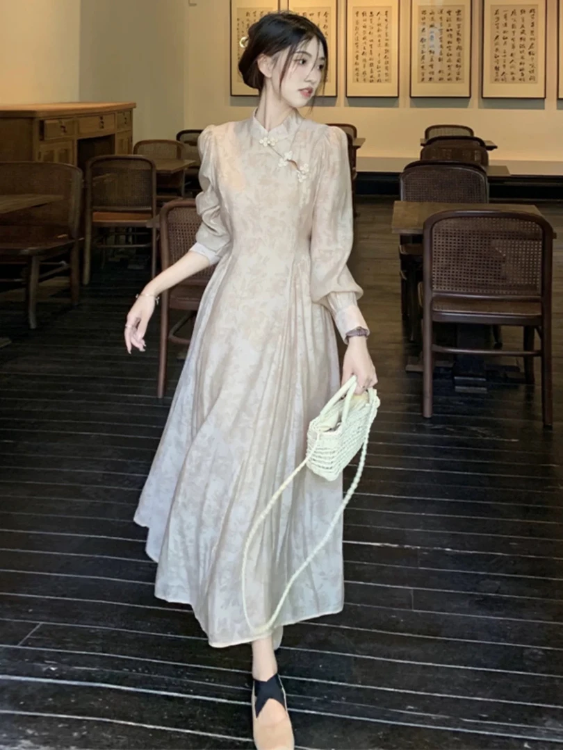 CQ6615复古国风新中式改良旗袍长裙气质收腰高级感碎花连衣裙秋季