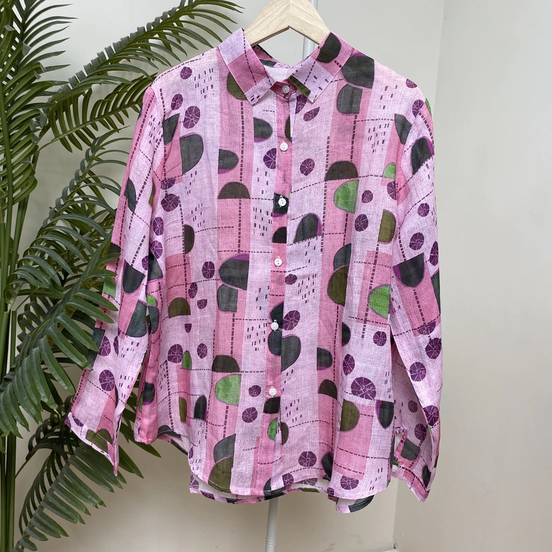 【粉色半圆图案印花苎麻衬衫】4135
