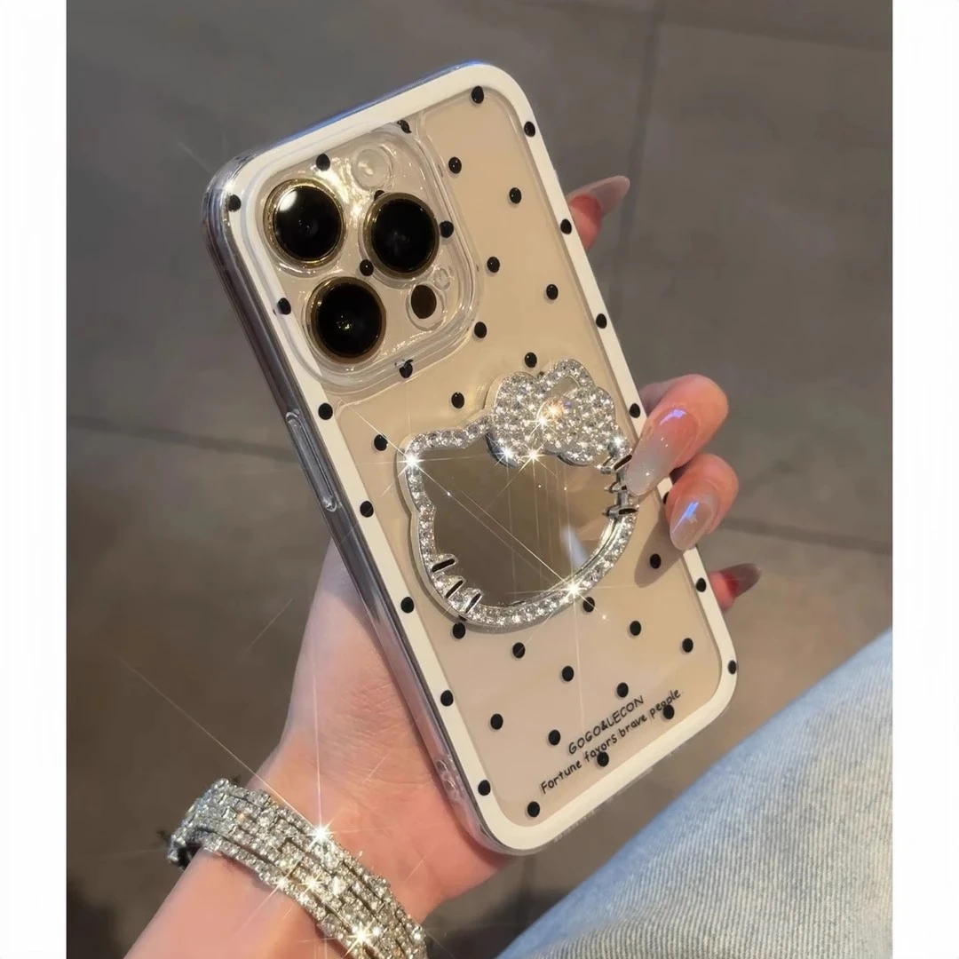适用苹果16promax手机壳iPhone15可爱波点闪钻kt猫镜子支17promax