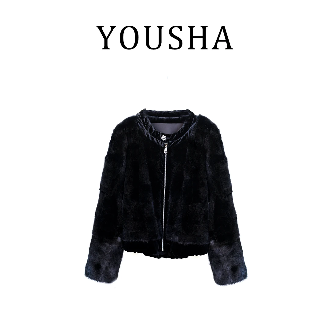 【优莎】26807水貂皮草长袖短款女圆领外套