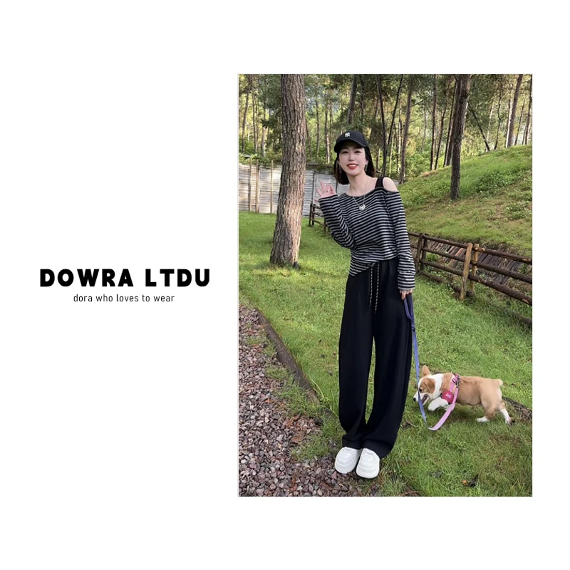 朵拉【知性丽人】2025年秋季新款露肩条纹长袖百搭T恤女 016-90873