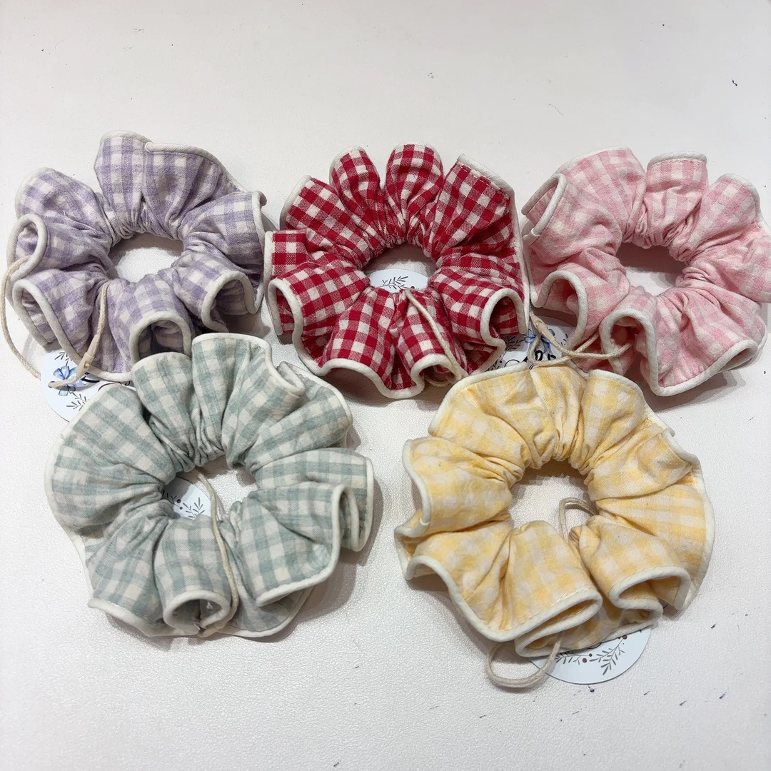 韩国进口棉布百搭格子发圈发饰甜美嵌条边女生丸子头马尾发圈