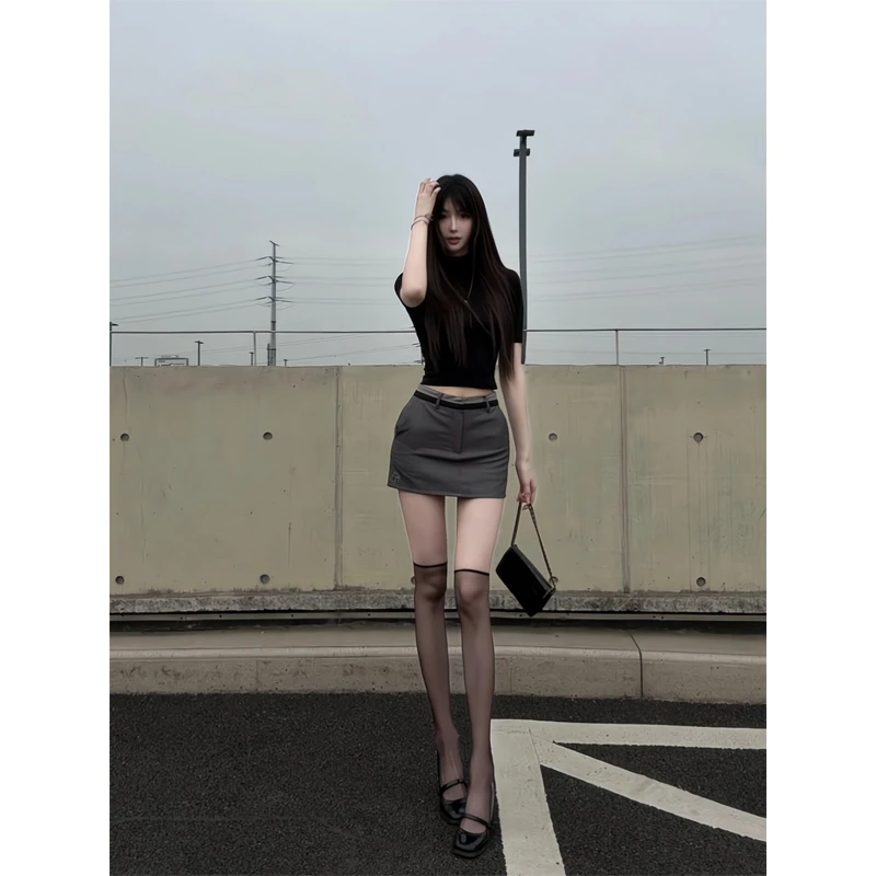 纯欲半高领正肩中袖t恤辣妹短款上衣短裙工装裙高腰包臀a字西装裙
