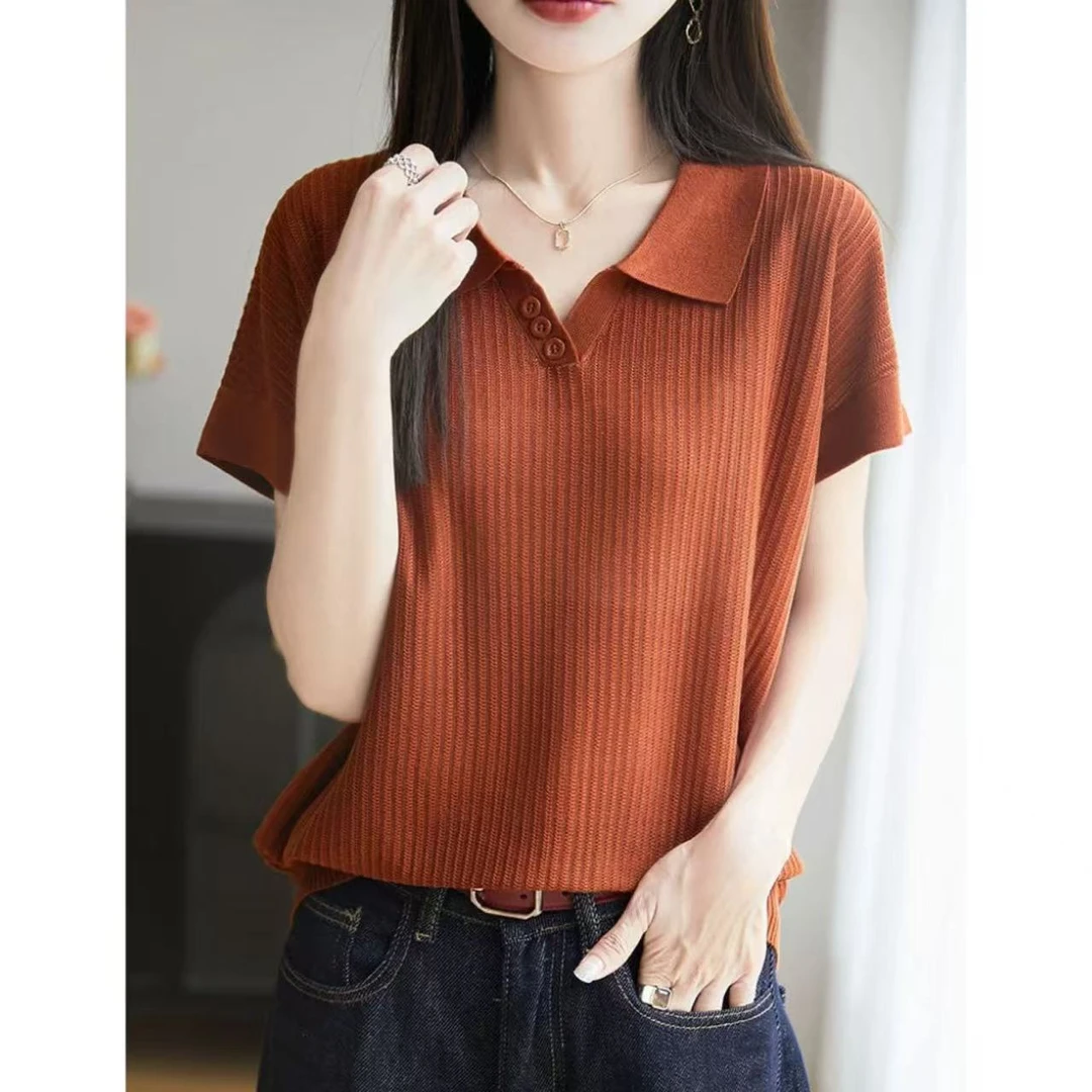 丽丽家~人鱼橘显瘦洋气薄款纯色翻领短袖上衣