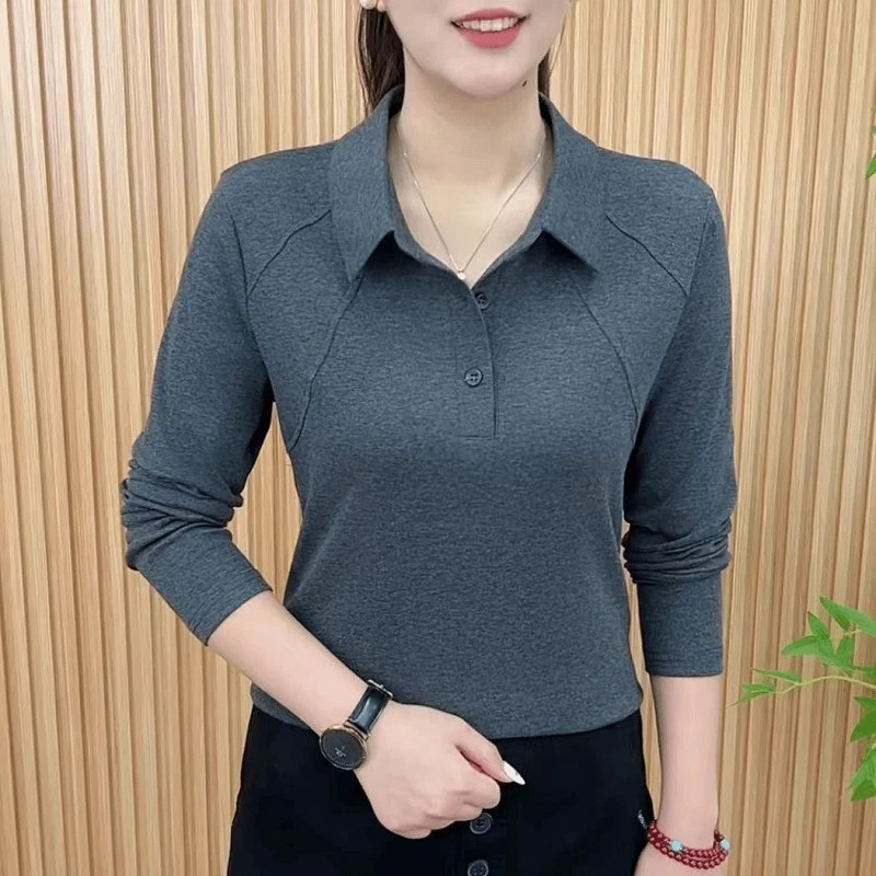 2025秋新款德绒简约长袖T恤洋气显瘦妈妈装时尚百搭翻领女士上衣