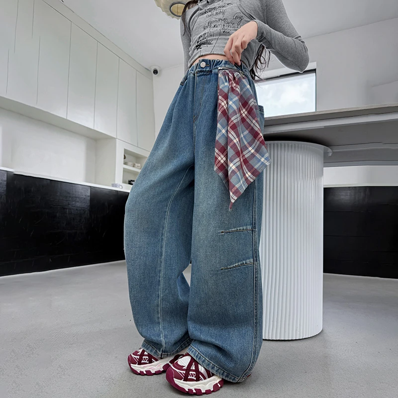 女童牛仔裤春秋2025新款洋气中大童披帘直筒秋季阔腿裤儿童装裤子