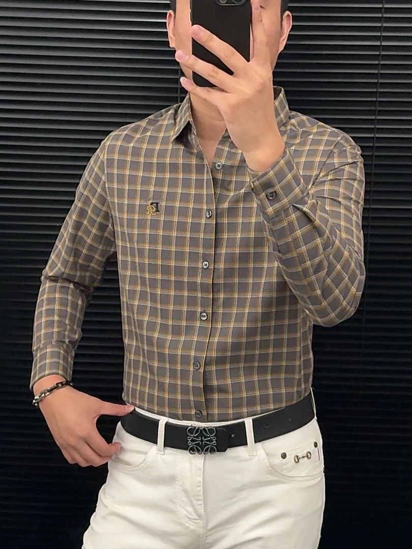 男士秋季抗皱免烫弹力商务修身格纹百搭时尚帅气男士衬衣衬衫休闲