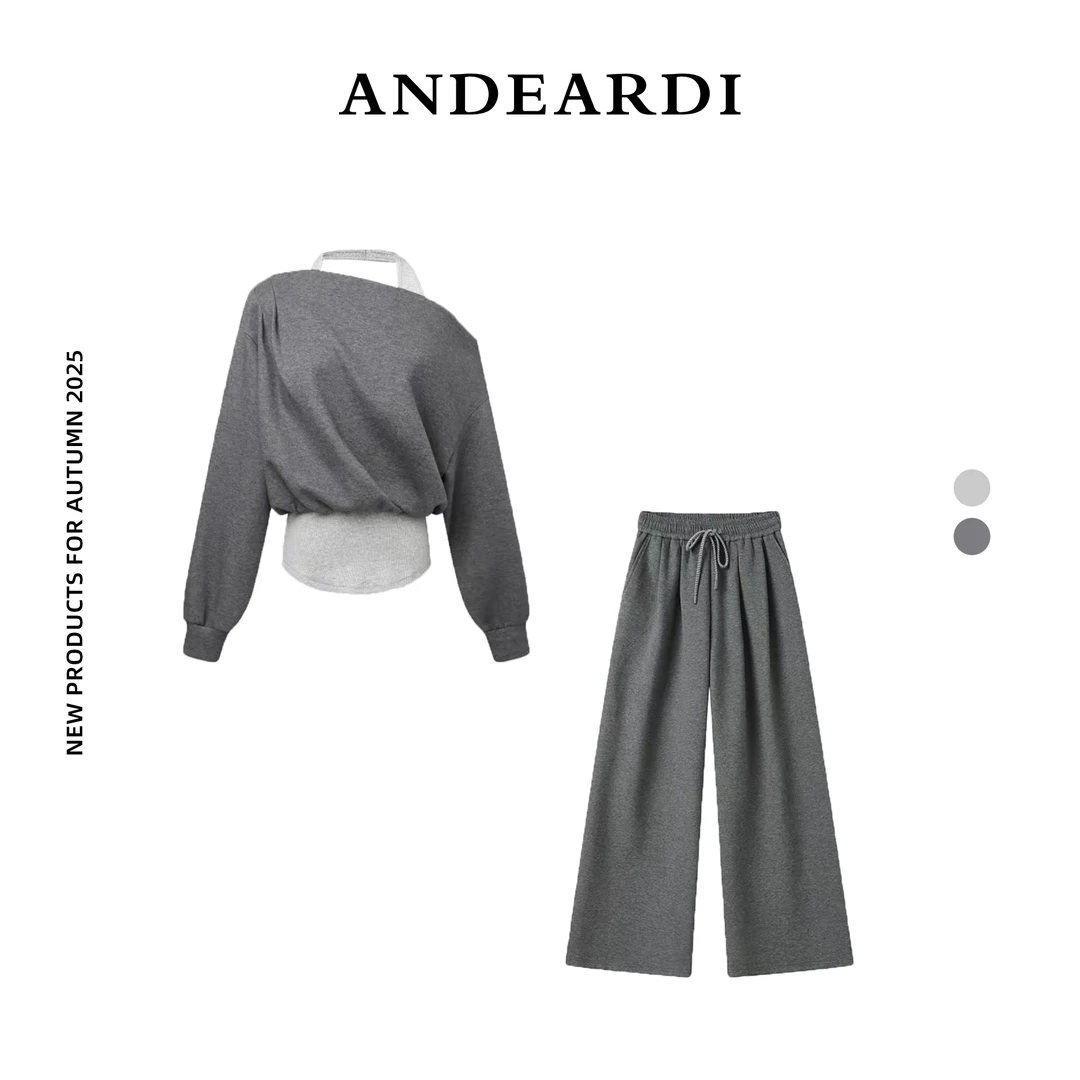 ANDEARDI韩系氛国感假两件露肩卫衣阔腿裤时尚休闲减龄两件套