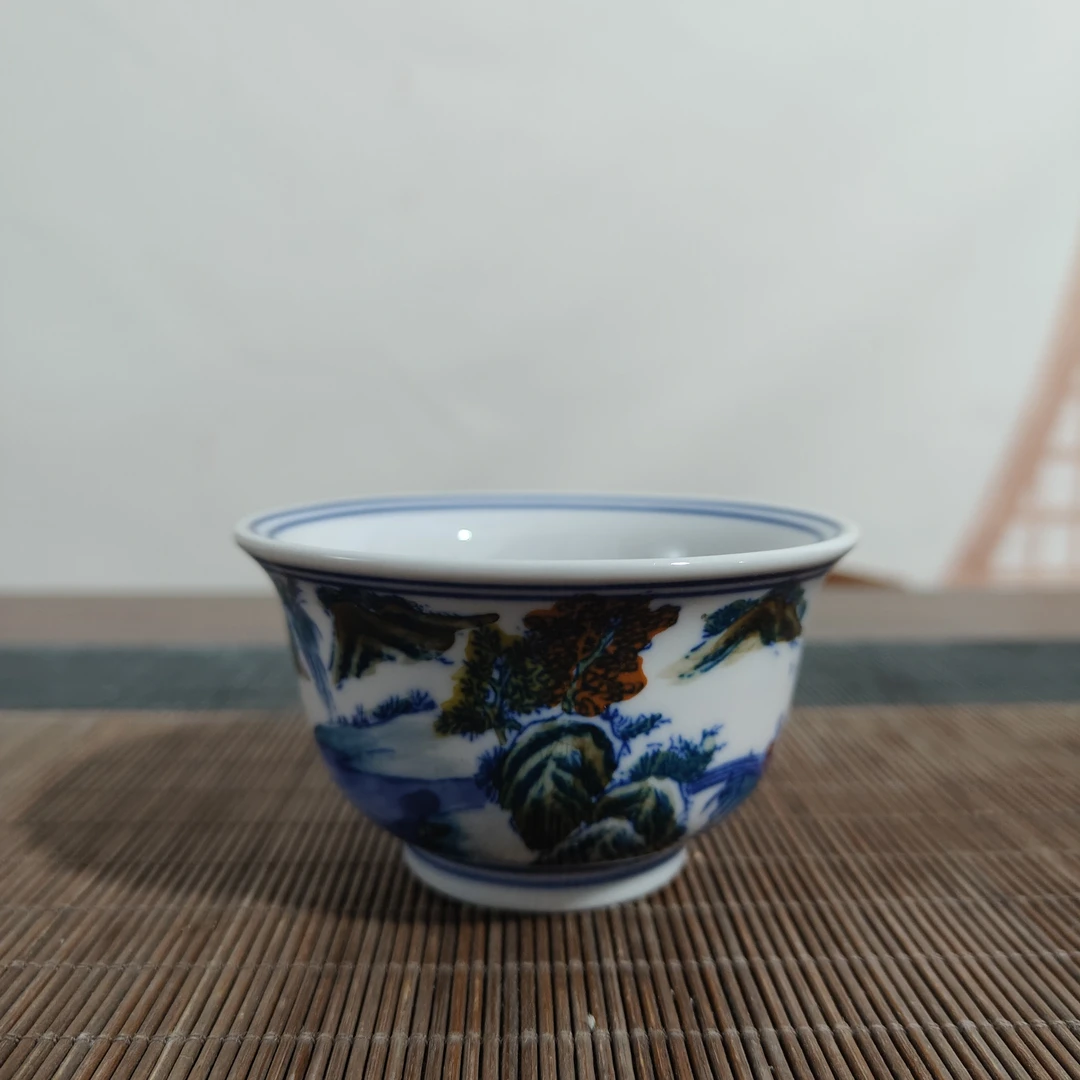 景德镇陶瓷青花斗彩山水压手杯主人杯红稀土柴窑手绘品茗杯茶杯