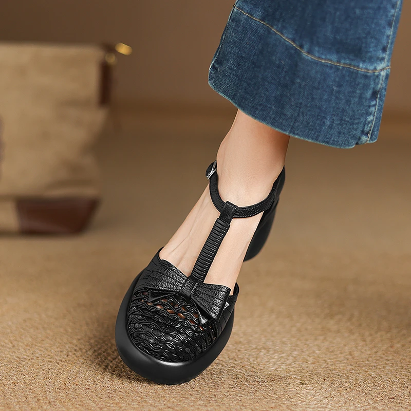 时尚镂空包头凉鞋女夏季真皮高跟鞋小个子7cm粗跟厚底圆头罗马鞋