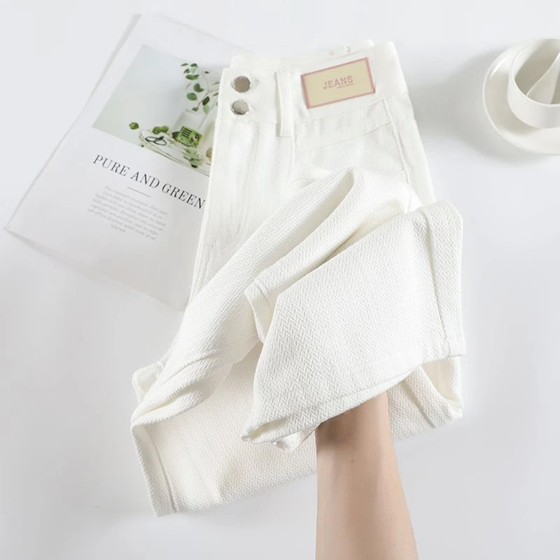 白色星空纹高腰阔腿牛仔裤女2025春季薄款新款宽松直筒拖地加长裤