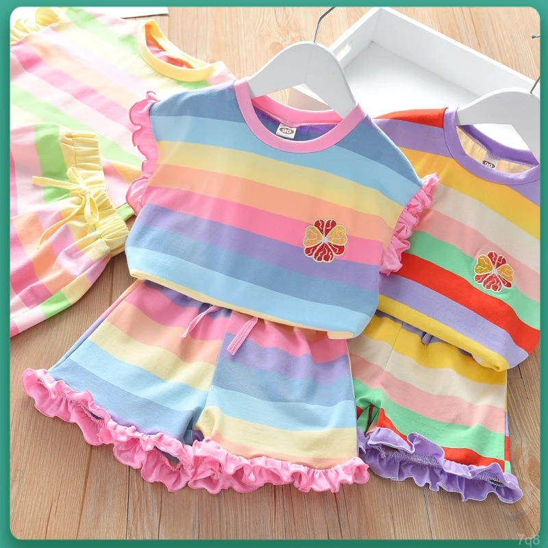 女童条纹短裤套装分体套装女宝童装夏季新款洋气女童条纹夏装套装