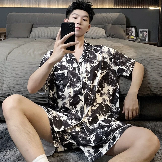 大码300斤夏季冰丝薄款韩版短袖短裤网红青年男士睡衣家居服套装
