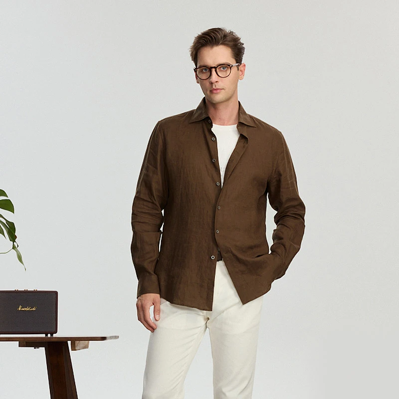 欧洲进口面料纯亚麻长袖衬衫男士商务休闲春夏