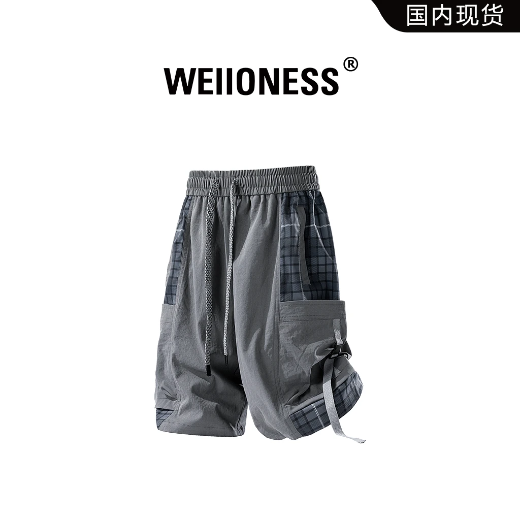 WEIIONESS工装短裤男夏季潮牌阔腿五分裤拼接格子裤轻奢痞帅男装