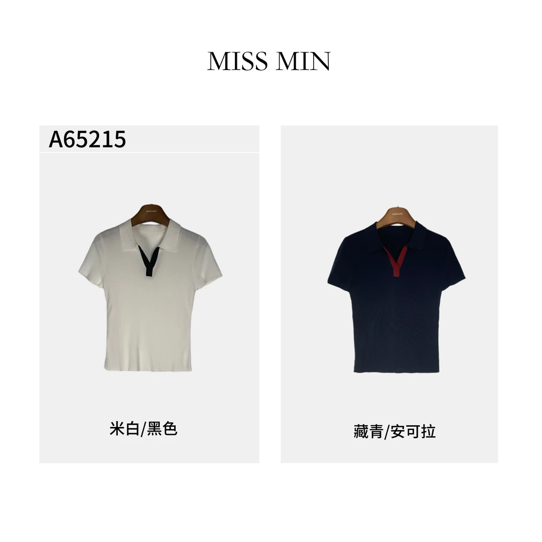 MISS MIN A65215洋气衣服女针织POLO翻领短袖通勤修身显瘦拼色T恤