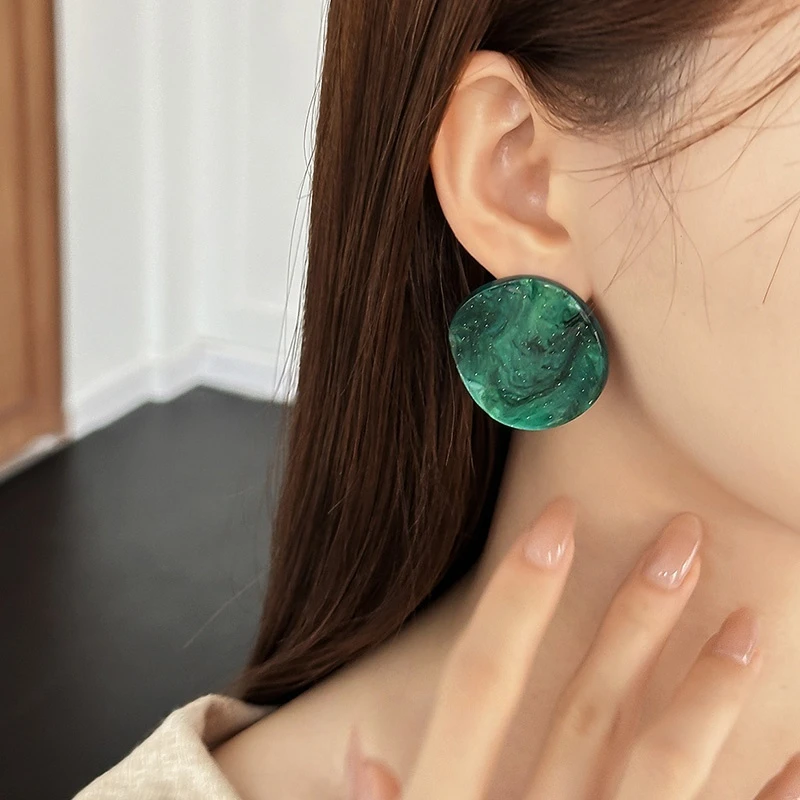 非金属树脂耳饰 春夏细闪圆形松石绿夸张气质显脸小耳钉耳环女