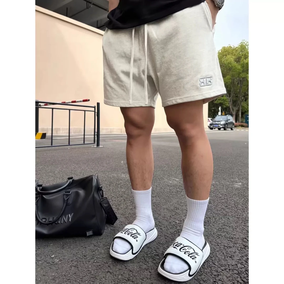 美式高街运动百搭阔腿休闲短裤男夏季潮牌基础款纯色宽松刺绣短裤