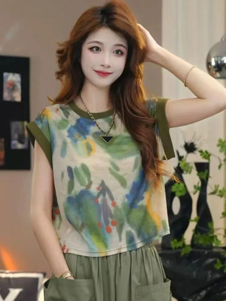 不规则晕染印花圆领休闲短袖T恤女2025夏季新款柔软打底衫上衣潮