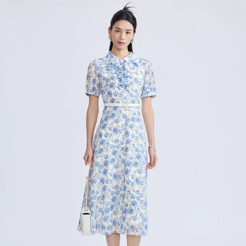 LIME/莱茵【漫游夏日】夏季青花瓷碎花梭织连衣裙白色LMFB4AWOP810