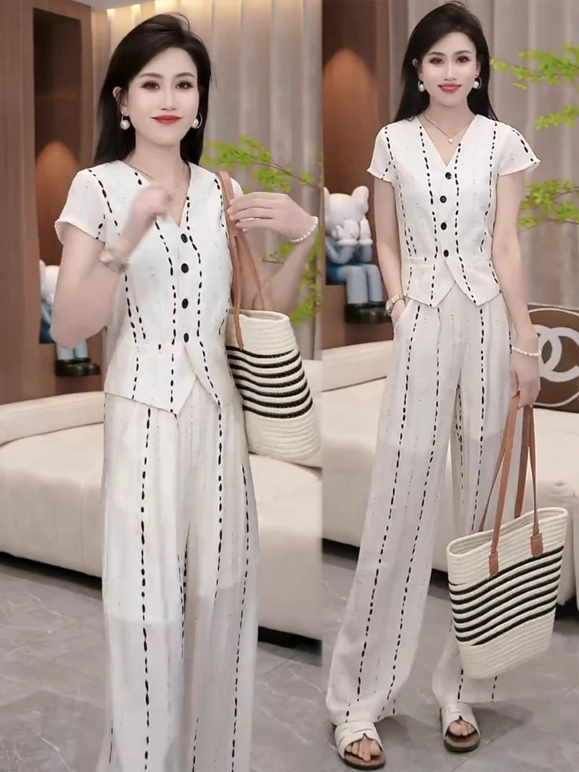 时尚套装女夏季新款洋气质显瘦V领条纹短袖小衫高腰阔腿裤两件套