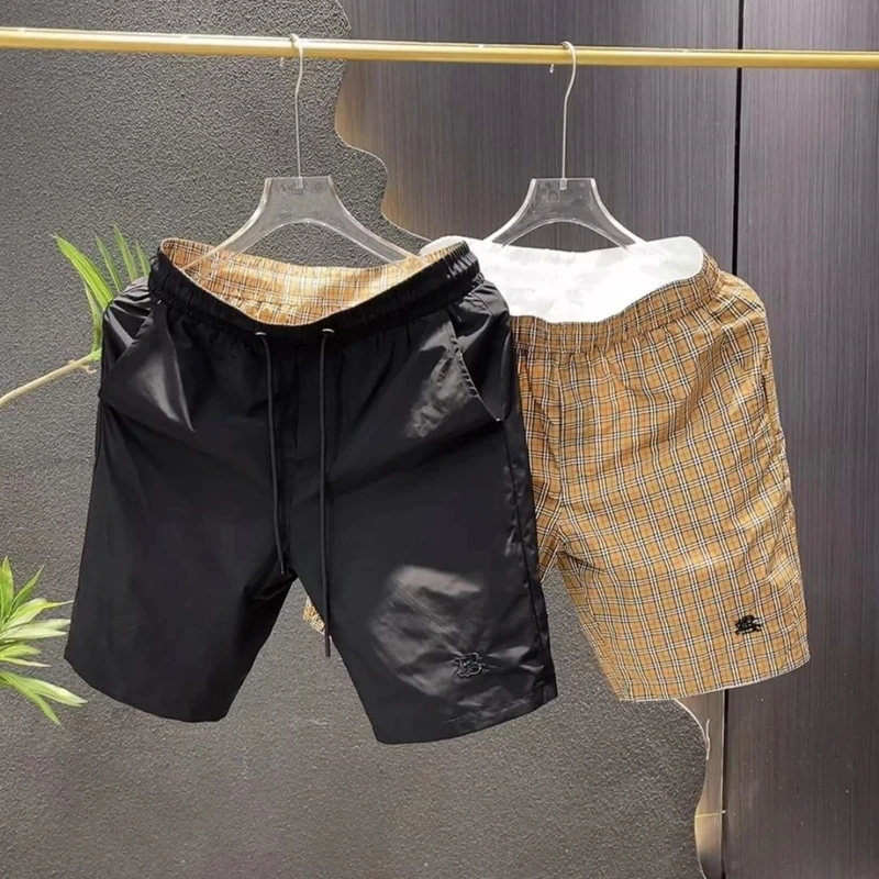 夏季新款双面穿短裤男士刺绣战马格子沙滩五分轻奢时尚透气潮流