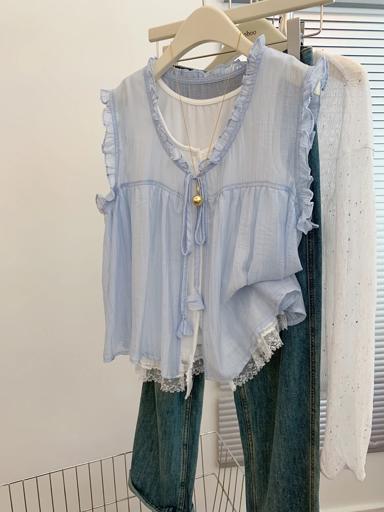蓝色假两件木耳边无袖衬衫女款夏法式短款设计感上衣2025新款小衫