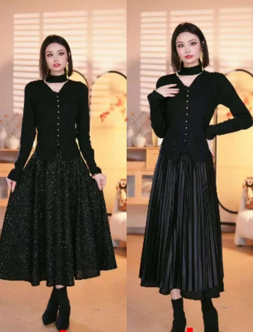 两面穿大摆裙丝缎百褶裙冬季新款遮肉半身裙中长款小香银丝绒粗花