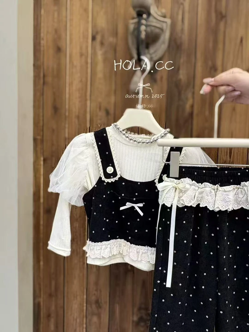 HLCC-6381-儿童洋气百搭蝴蝶结波点小清新三件套装（秋款）