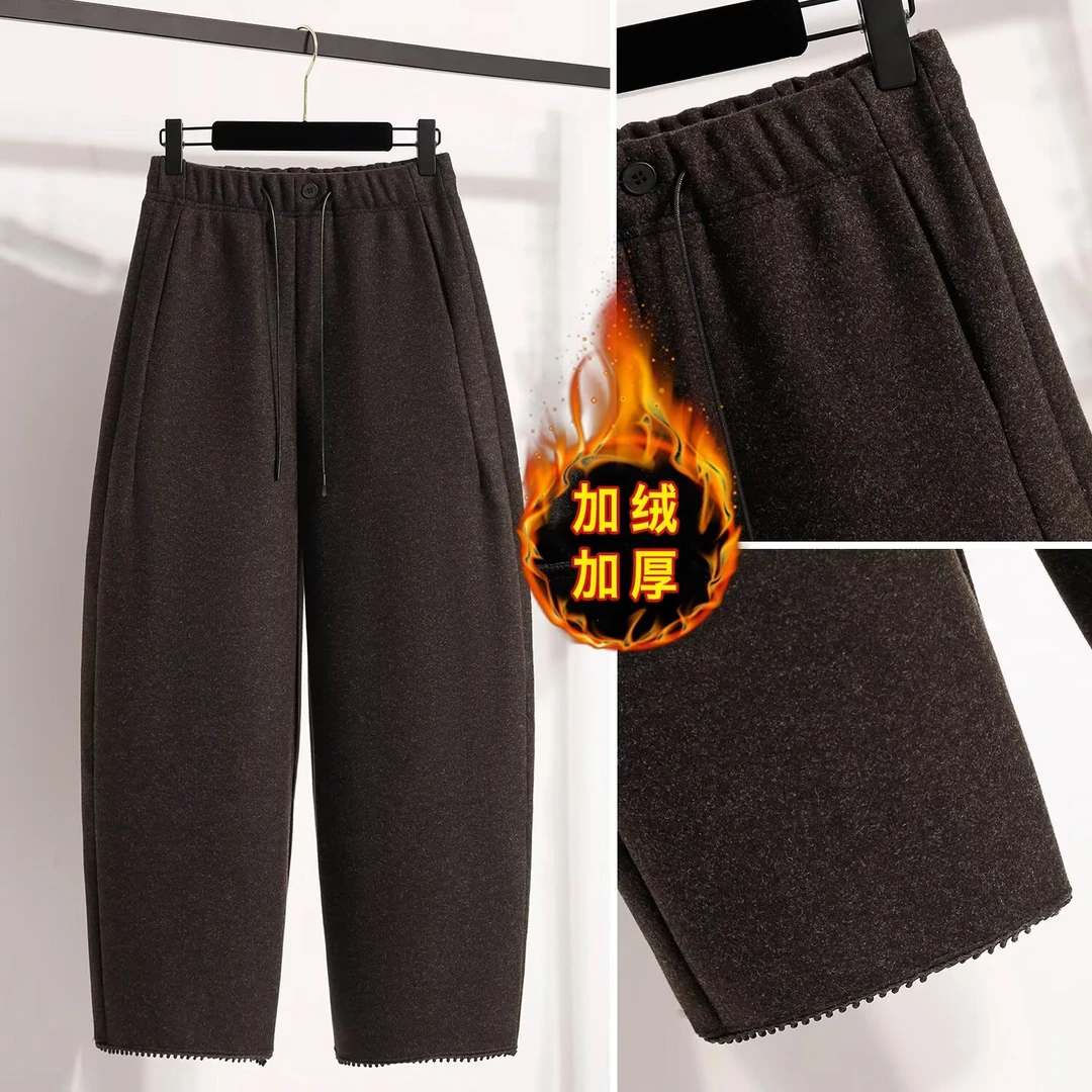 大码胖mm小个子弯刀裤女秋冬新款抽绳松紧腰显瘦加绒休闲裤8837