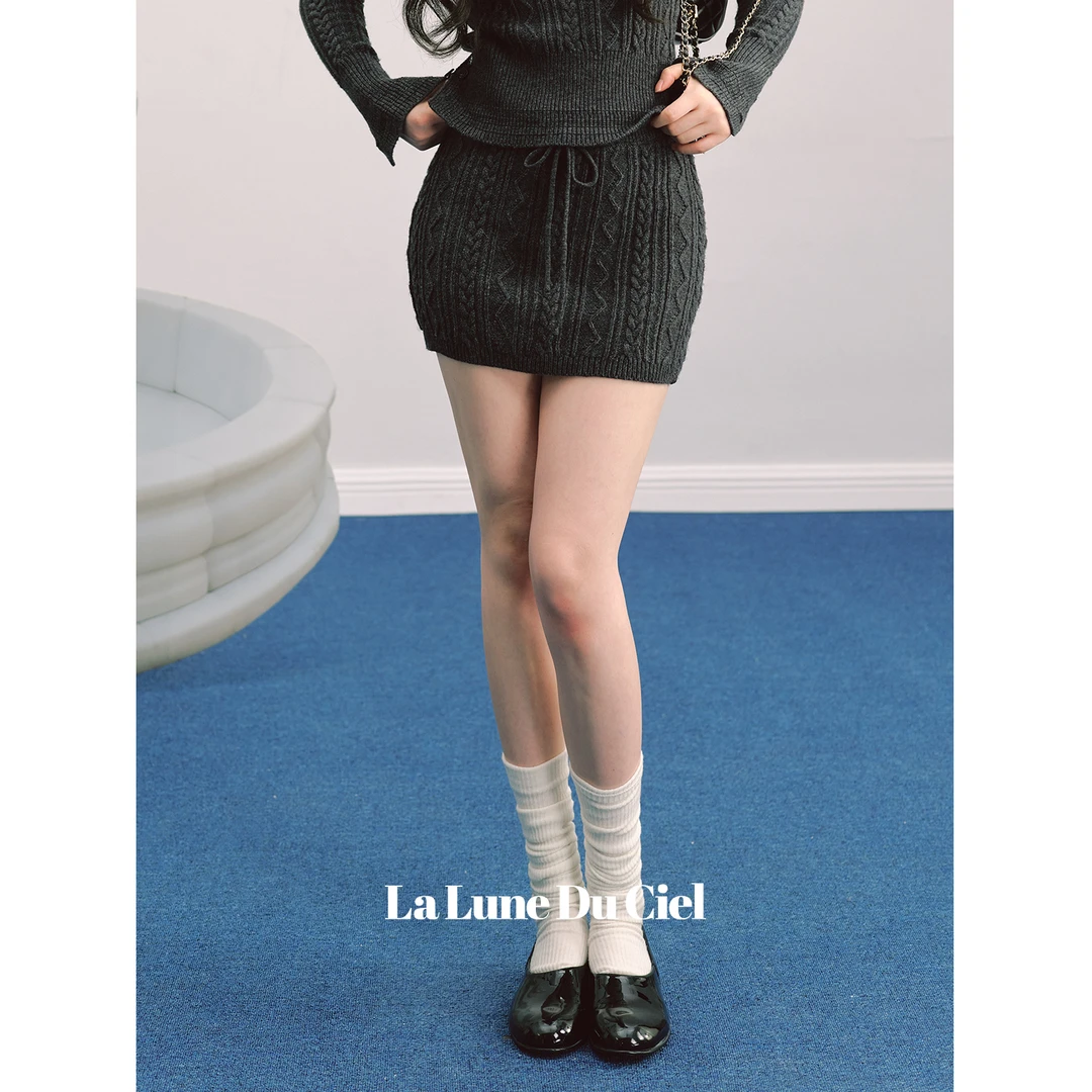 【LaluneDuCiel】塞纳河叙事 复古绞花抽绳系带针织包臀短裙半身裙
