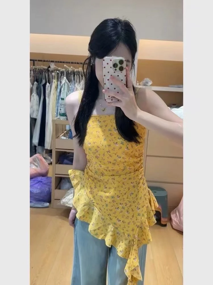 韩系碎花女夏季修身设计感不规则飘带温柔上衣