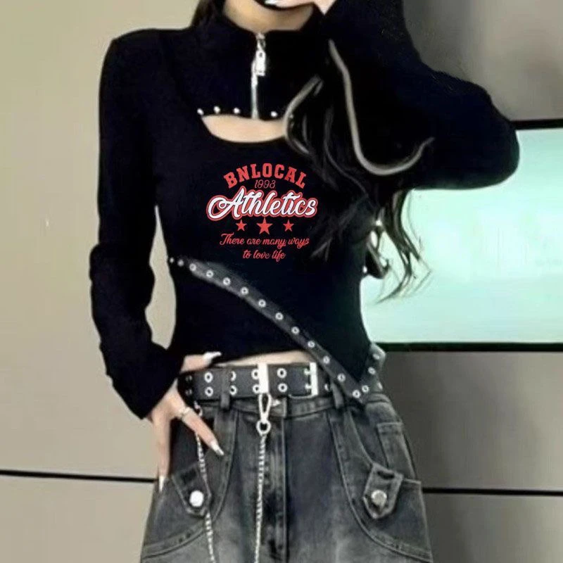 冬季欧美印花打底衫个性设计感短款显瘦百搭打底上衣双面德绒