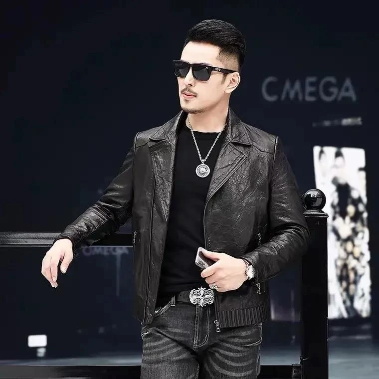 2025秋季新款海宁绵羊真皮皮衣男皮机车修身韩版西装领皮夹克外套