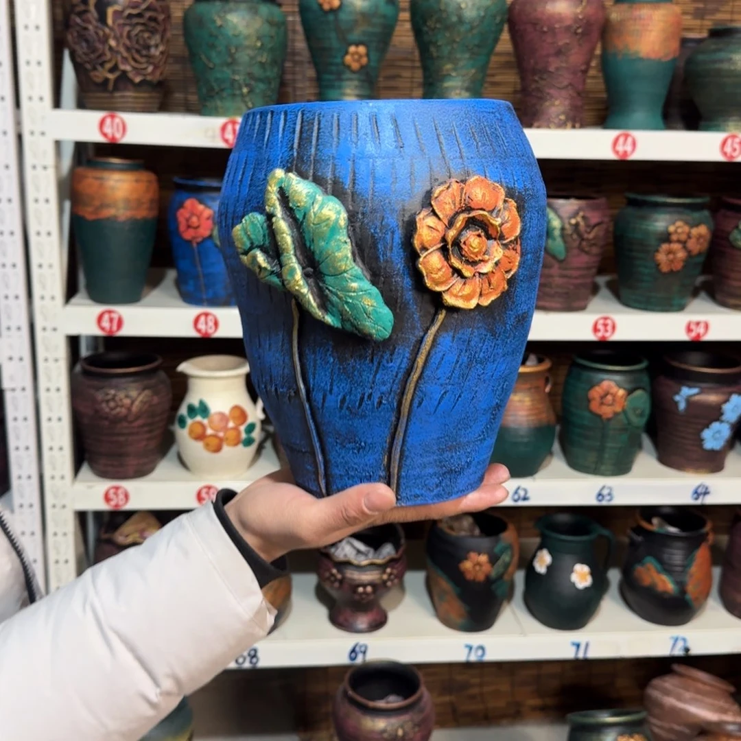 红陶红陶浮雕花盆炸炸炸