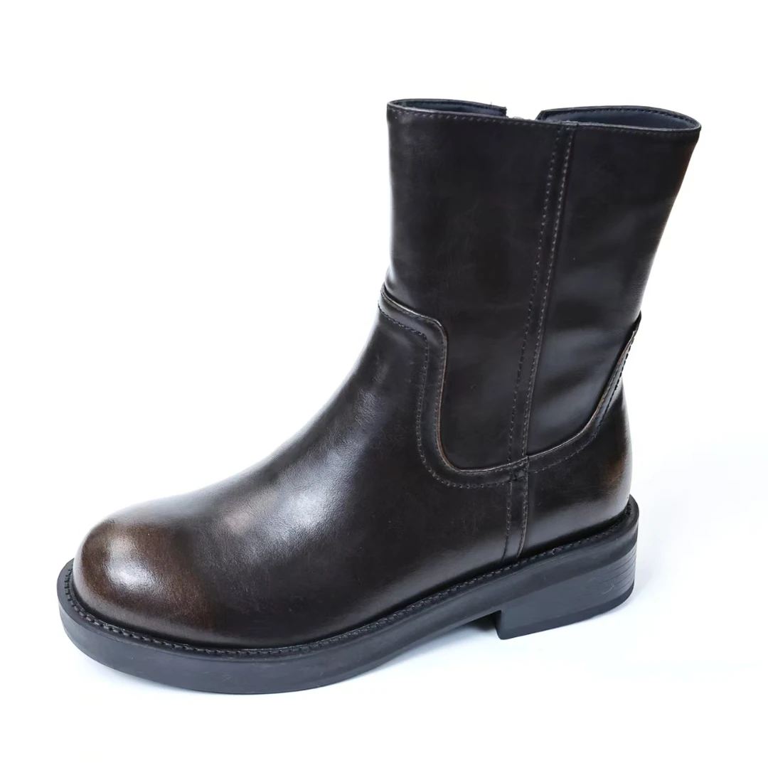 3cm粗跟软底马丁靴女2025新款真皮中筒骑士靴子WZ  AS0753225A