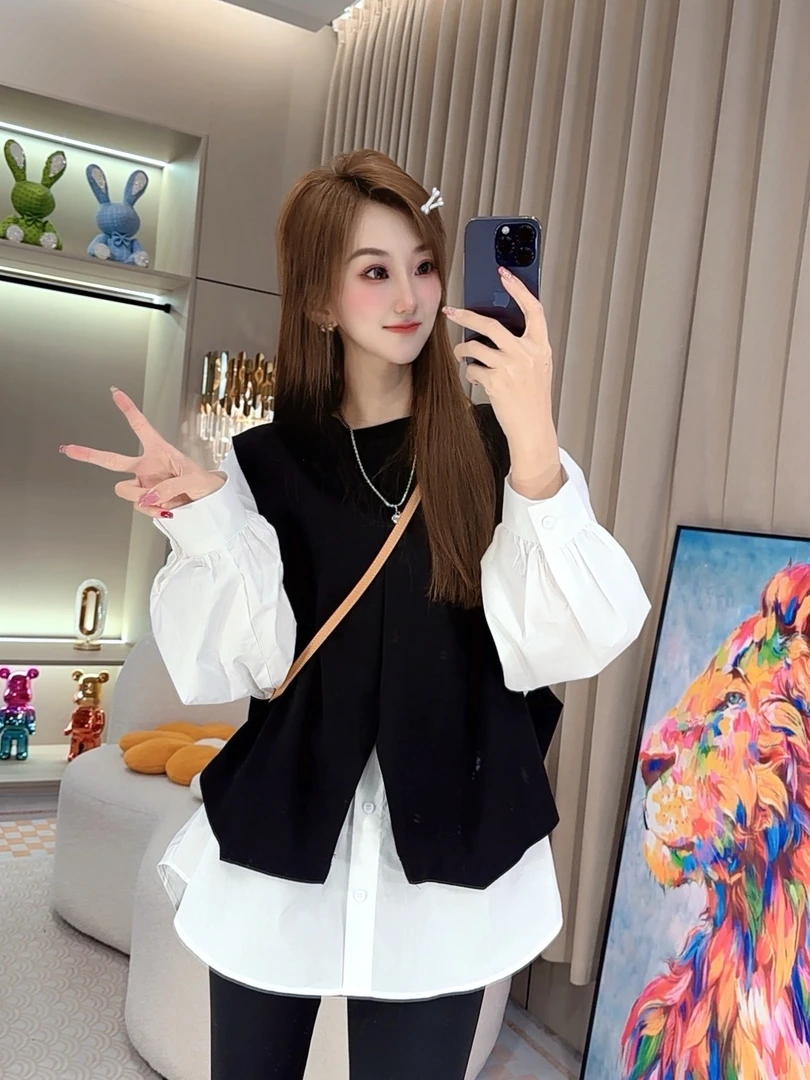 春秋显瘦网红长袖时尚宽松假两件韩版拼接设计感