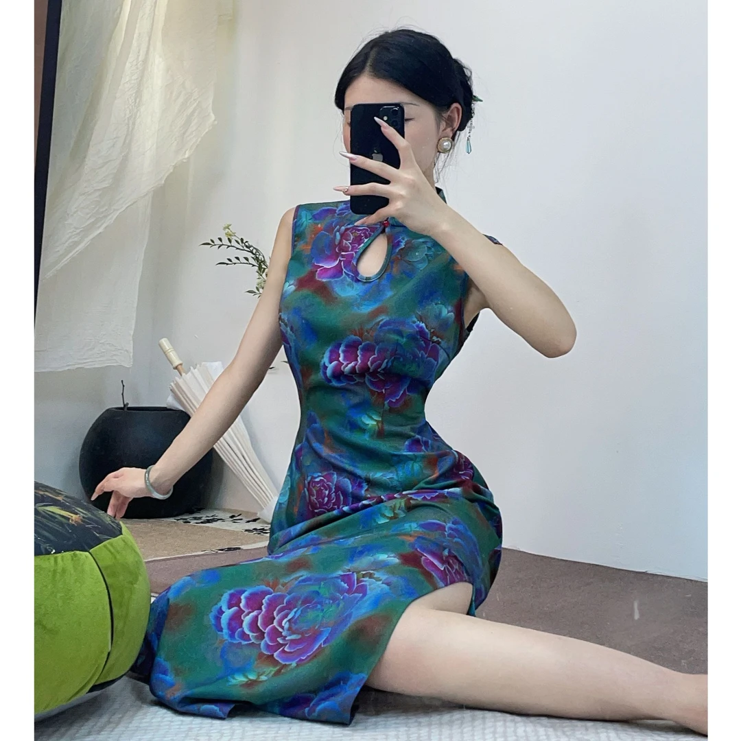 秋辞香~幻境牡丹 无袖水滴提花缎面中长款气质时尚旗袍连衣裙