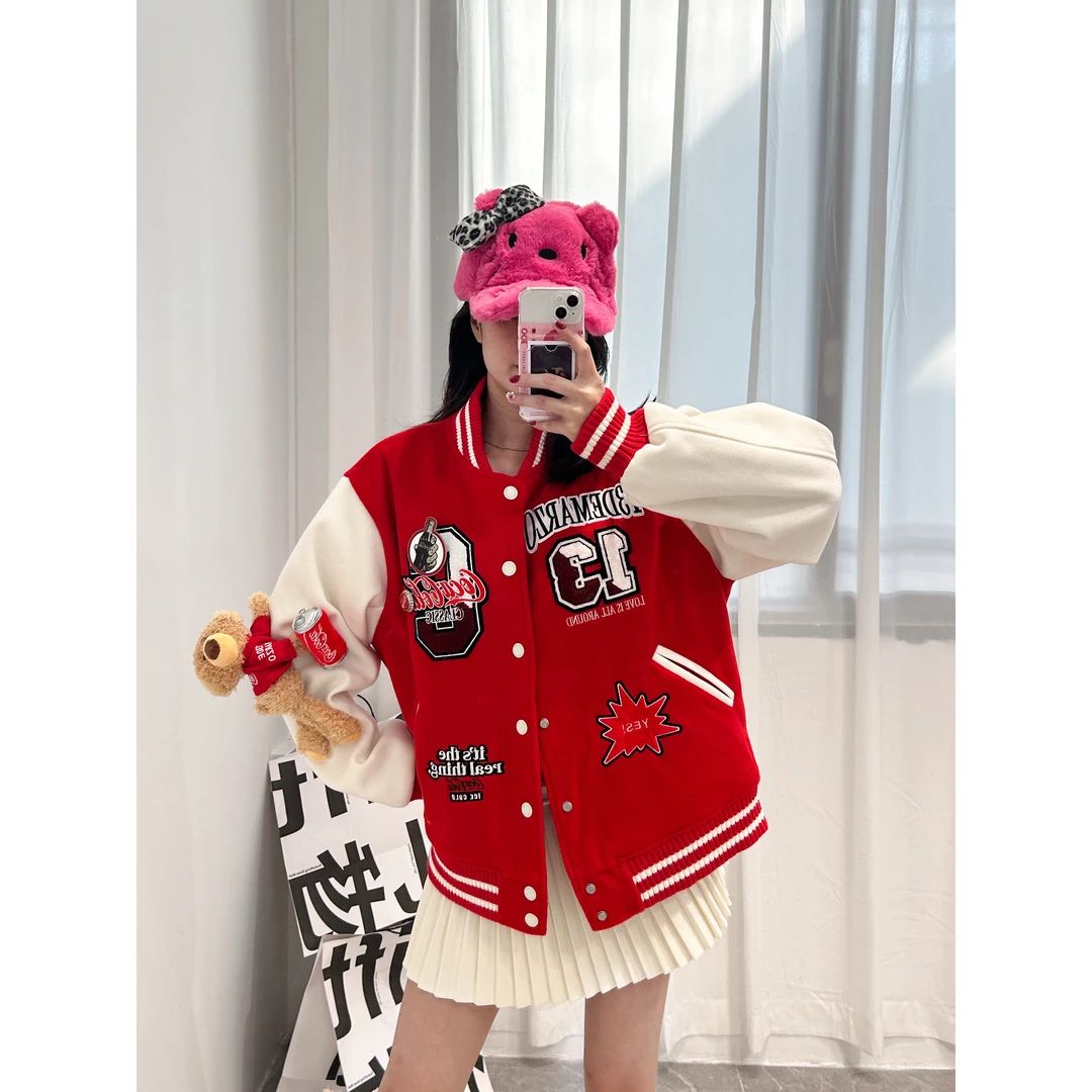 【YU·PP】（109）小众绒感可爱可乐拼接重工棒球服外套（P0126）