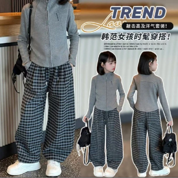 女童裤子2025秋季新款格子裤女孩弯刀阔腿裤中大童春秋时尚休闲裤