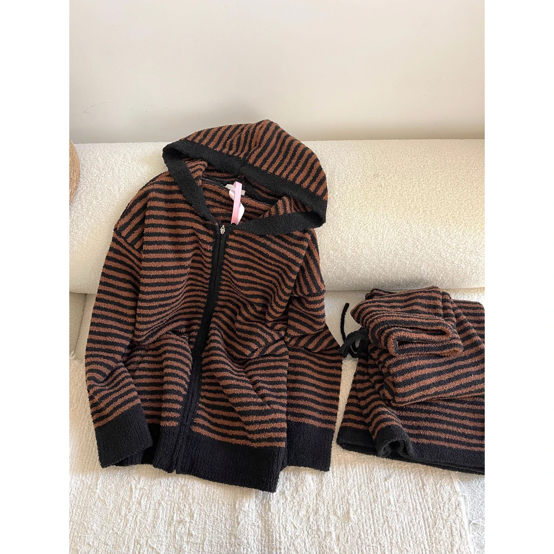 韩版复古慵懒感条纹连帽半边绒睡衣女秋冬加厚保暖开衫套装可外穿