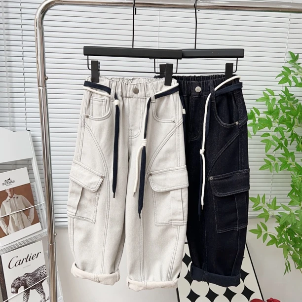 【纯棉水洗牛仔】男童加绒牛仔裤秋冬款2025新款一体绒直筒宽松