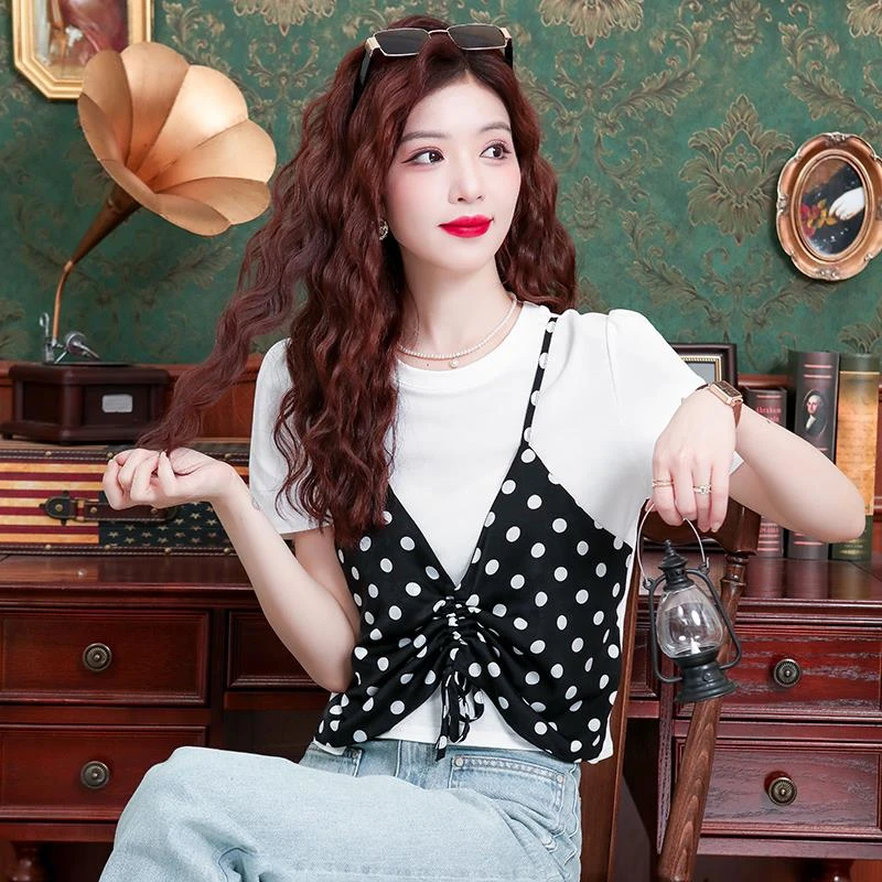 LOzP假两件波点吊带拼接短袖t恤女夏季洋气褶皱修身独别致短款上