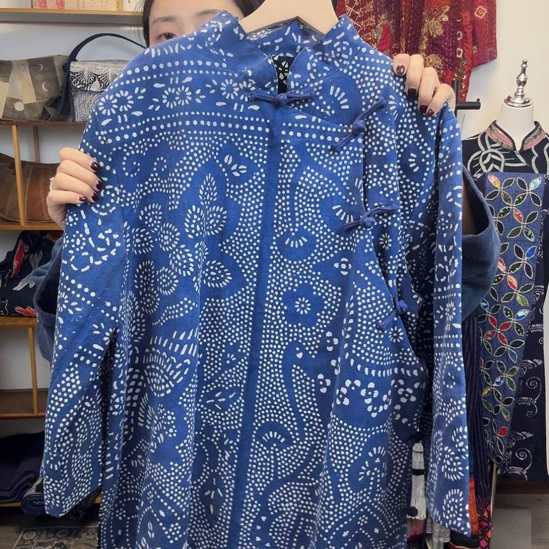 无填充物棉妤然服饰土布豆染斜襟外套