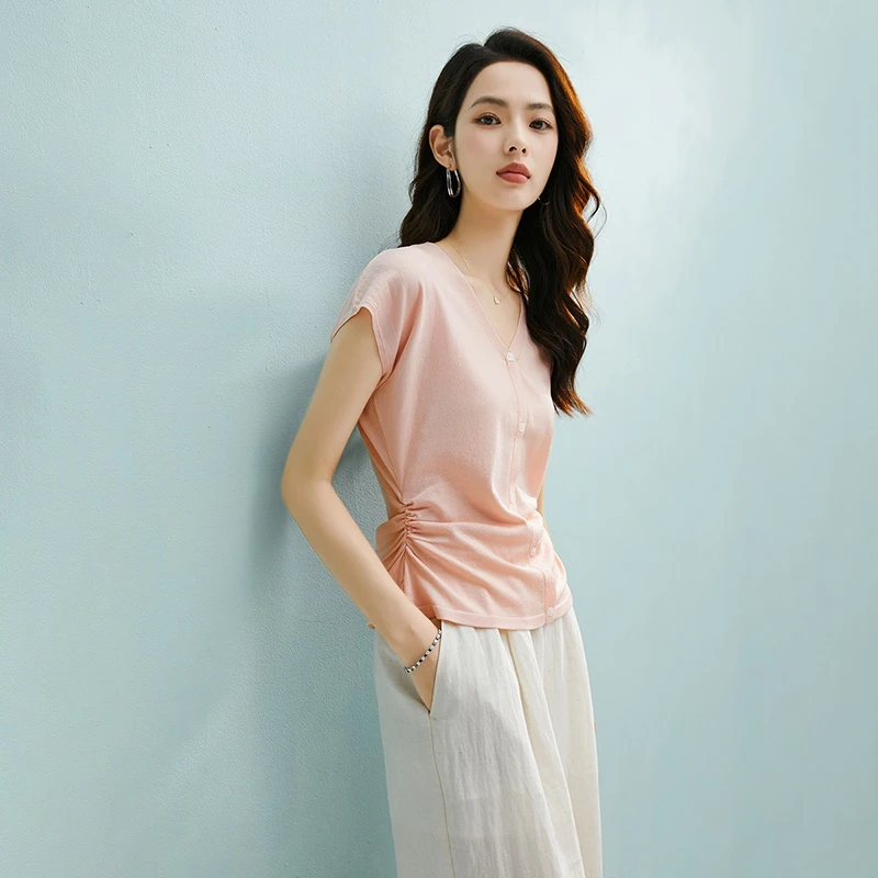 晚白【新品】2025上衣V领弹力针织衫女25031108