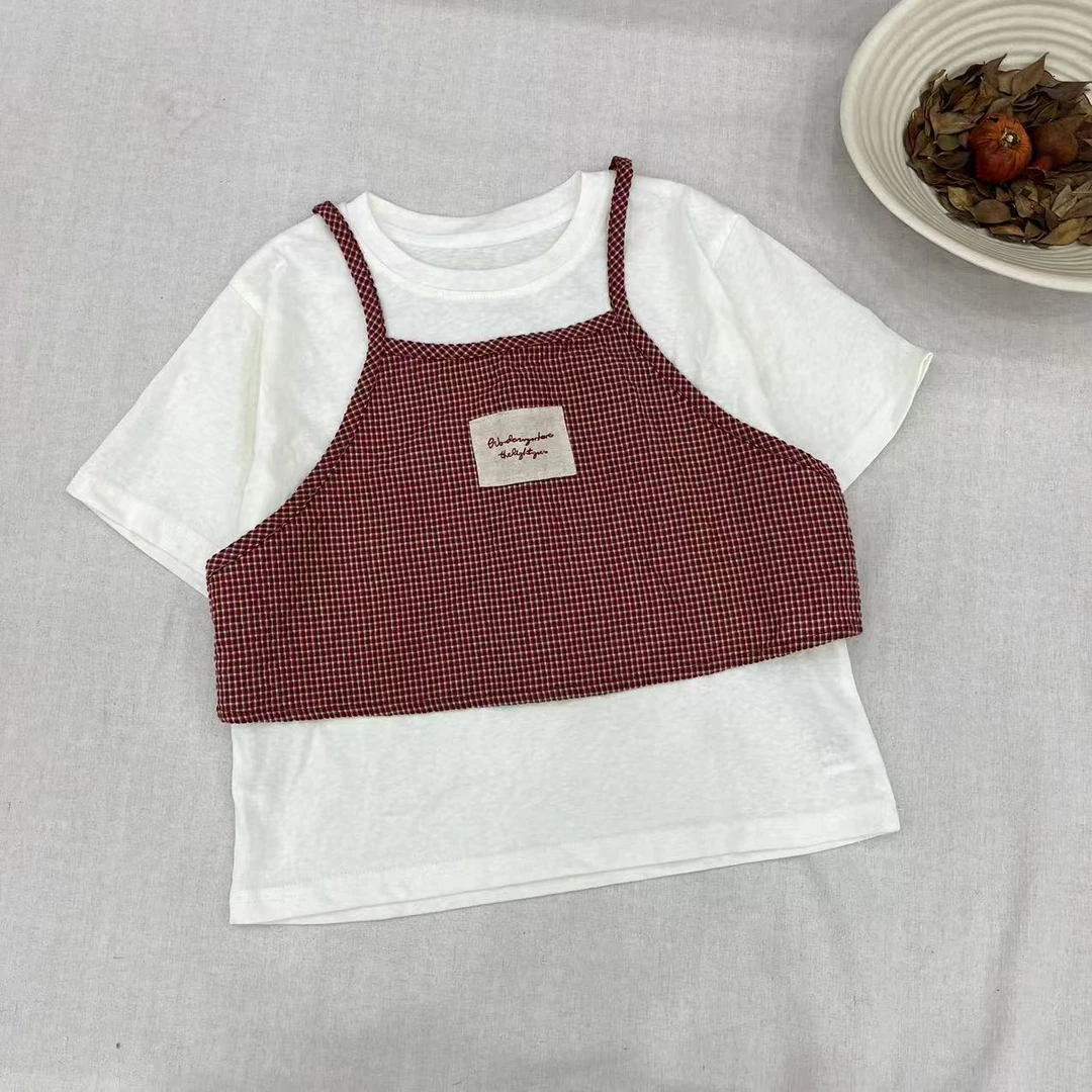 〖姐姐家〗2025夏款儿童韩版真两件打底短袖+格子贴布吊带bt346